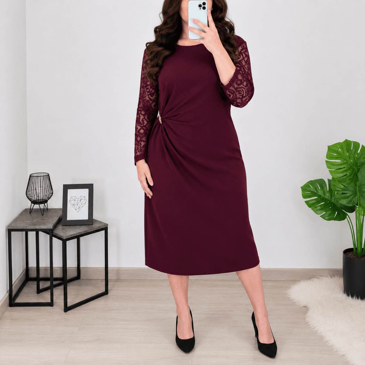 Elegantna obleka plus size OBLEKA 39182 BORDO
