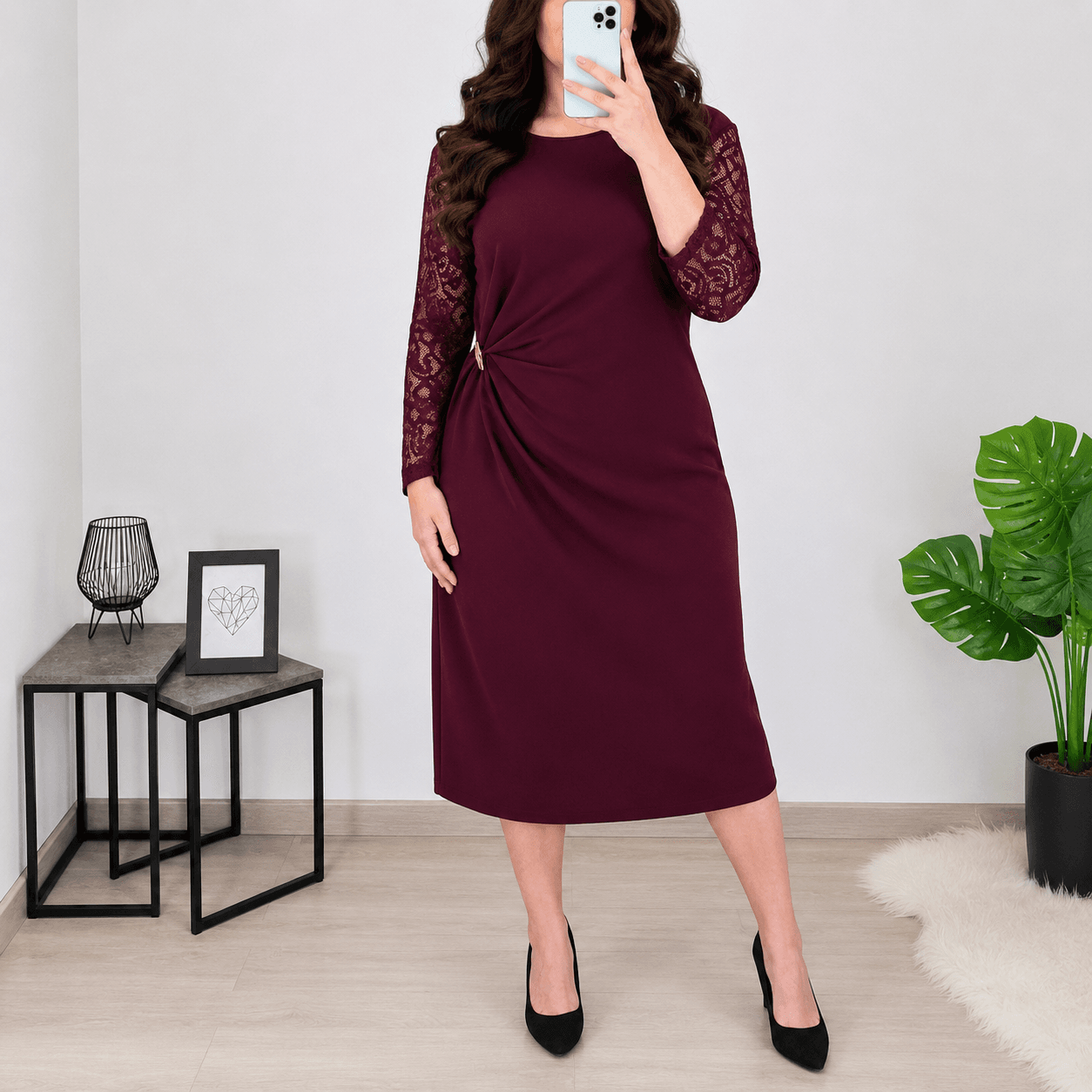 Elegantna obleka plus size OBLEKA 39182 BORDO