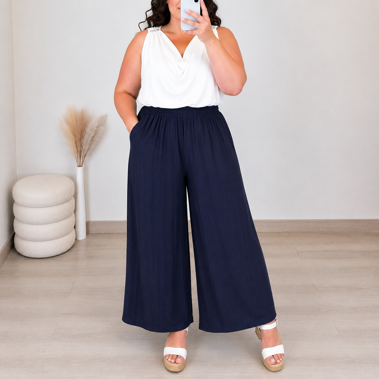 Viskozne hlače plus size HLAČE 88863 TEMNO MODRE